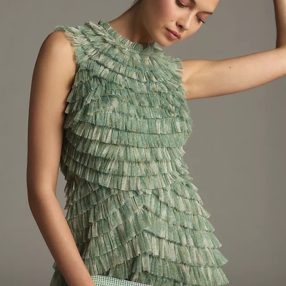 Green High-Neck Micro Ruffle Dress (NWT) Retail: $598 - Picture 3 of 3